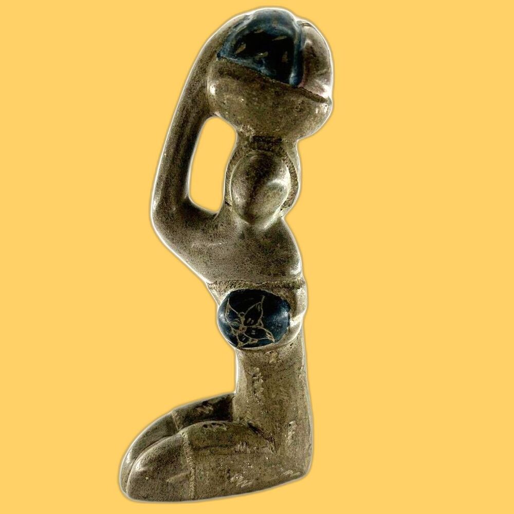 Mother & Child Figurine Carved Soapstone African Tribal Art, Blue Accents